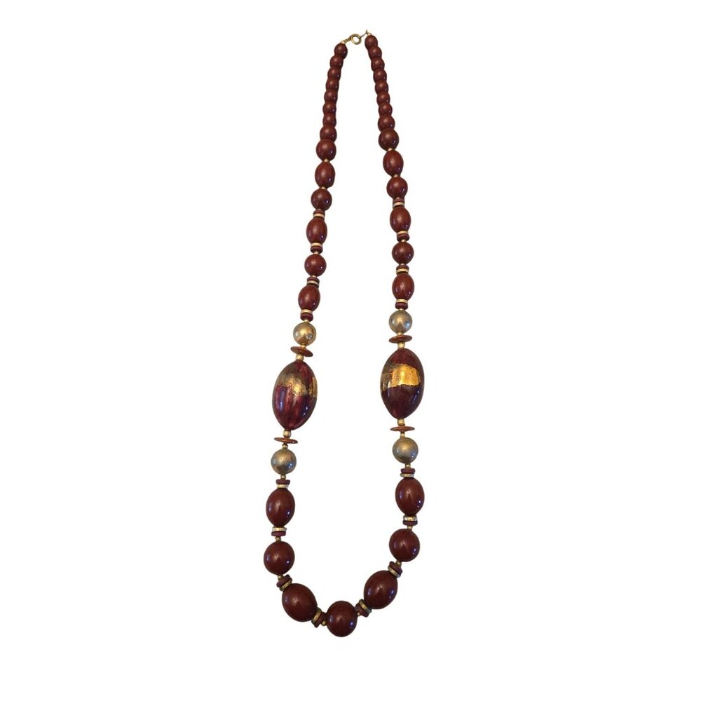 Maroon  Gold  Large Beaded Necklace With Large Oval‎ Accents And Round Beads 30"